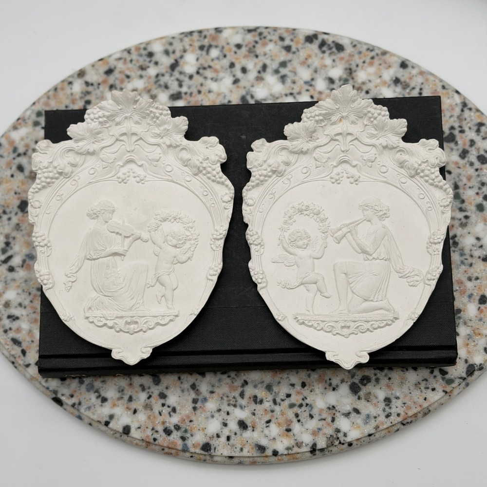 Vintage Neoclassical White Plaster Cherub Muse Musical Relief Wall Plaques Pair